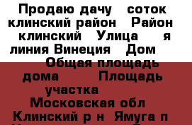 Продаю дачу 8 соток клинский район › Район ­ клинский › Улица ­ 9-я линия Винеция › Дом ­ 157 › Общая площадь дома ­ 52 › Площадь участка ­ 800 - Московская обл., Клинский р-н, Ямуга п. Недвижимость » Дома, коттеджи, дачи продажа   . Московская обл.